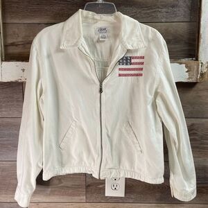 Agapo Collection Women’s L Cotton Jean Jacket White Red/Blue Flag Cross Stitch